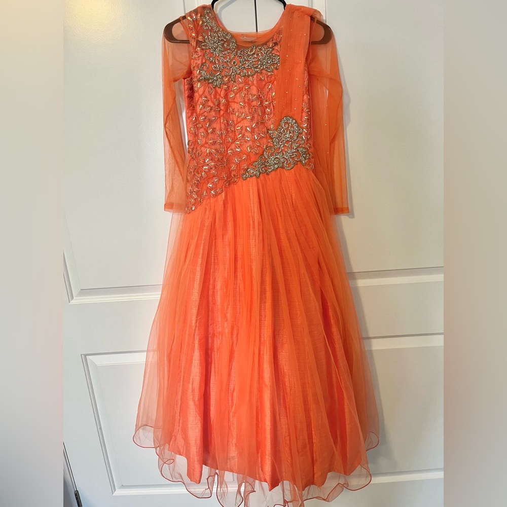 Gorgeous Peach coral Soft  Net  Partywear Gown for kids 10 to 13